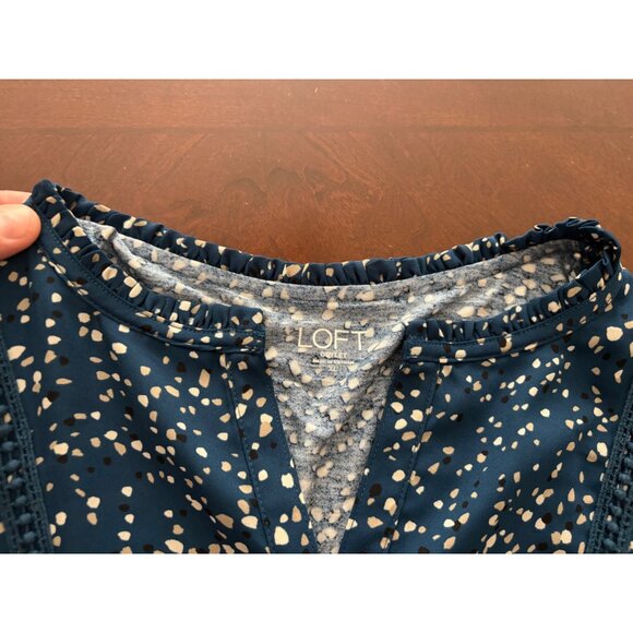 LOFT Blue Confetti Dot Long Sleeve Split Neck Smocked Casual Blouse Size XL - Picture 11 of 12